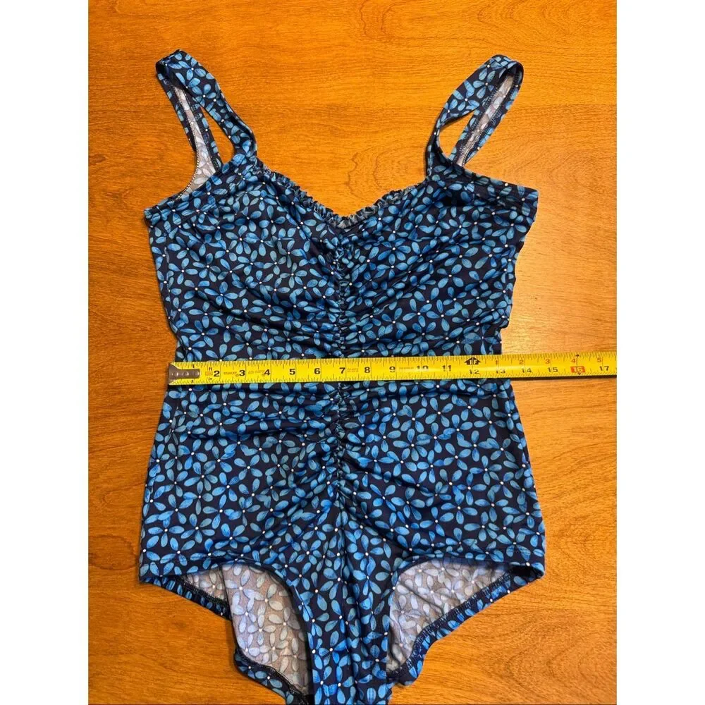 Gabar Women's Floral Ruched Front V-Neck One-Piece Swimsuit Navy Blue Size 14